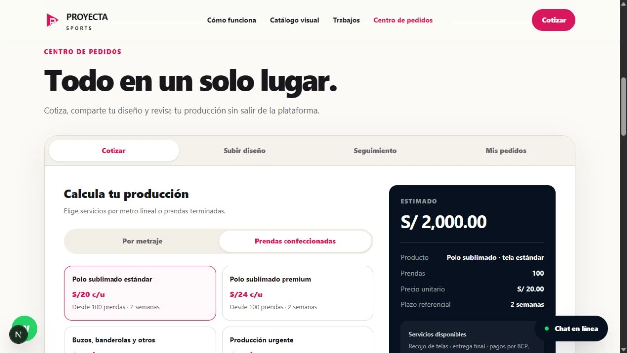 Captura de Proyecta Sports / centro de pedidos
